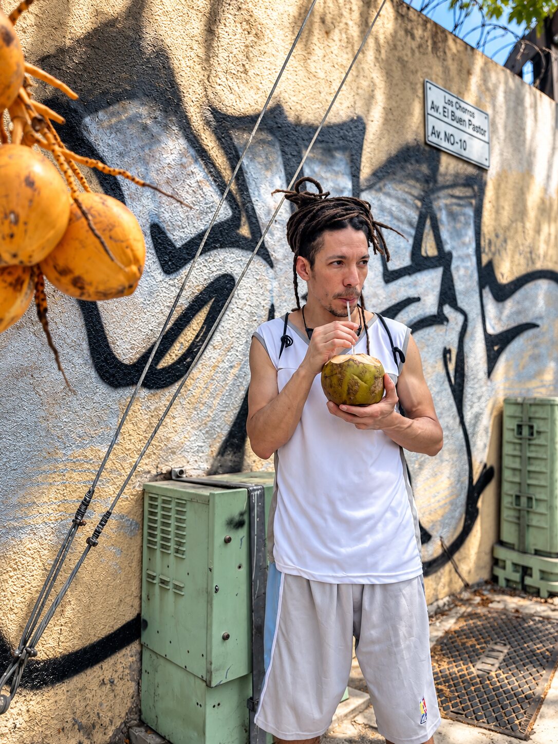 Kevin Alva drinking from a fresh coconut in front of a graffiti wall in Caracas